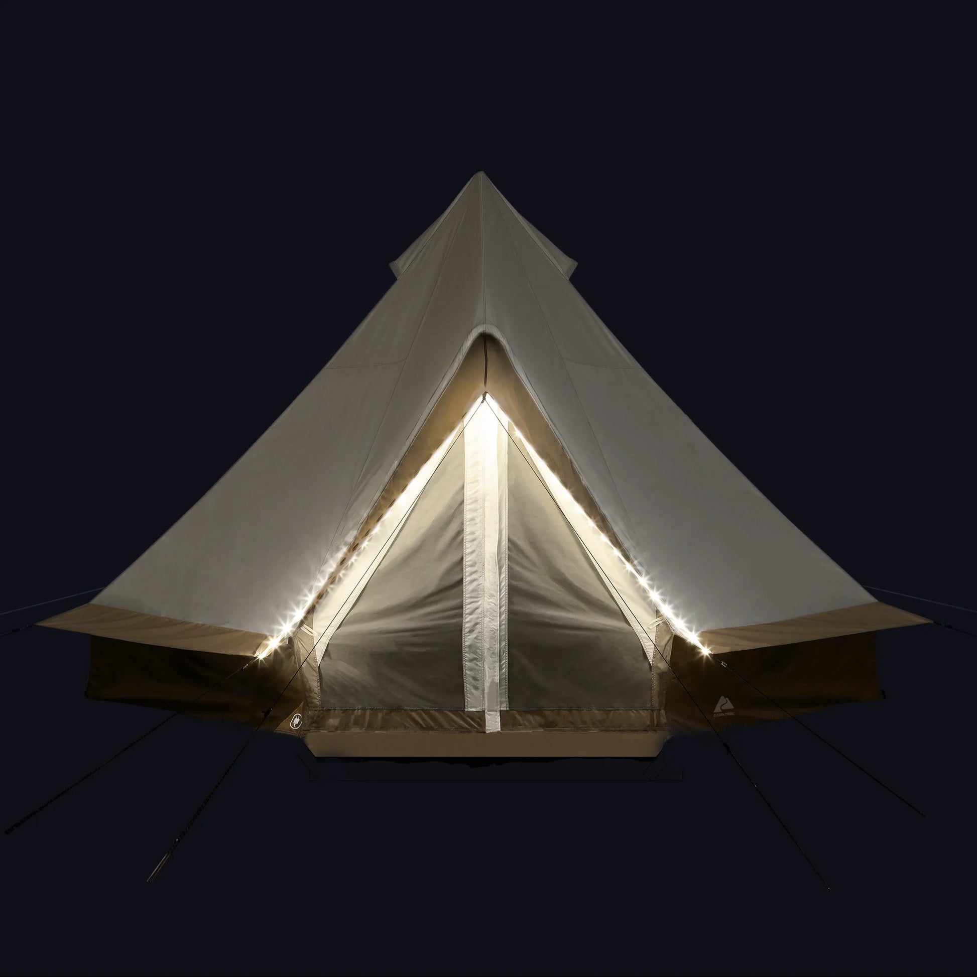 "8-Person Instant Cabin Tent set up in a campsite, showcasing its spacious interior, LED lighted poles, and durable design."
