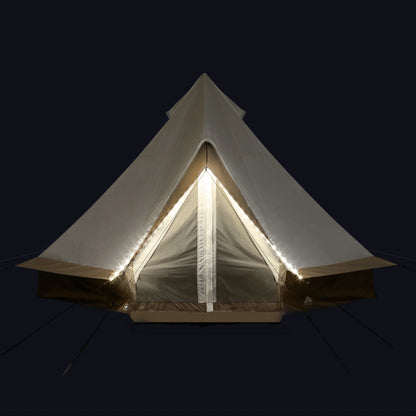 "8-Person Instant Cabin Tent set up in a campsite, showcasing its spacious interior, LED lighted poles, and durable design."
