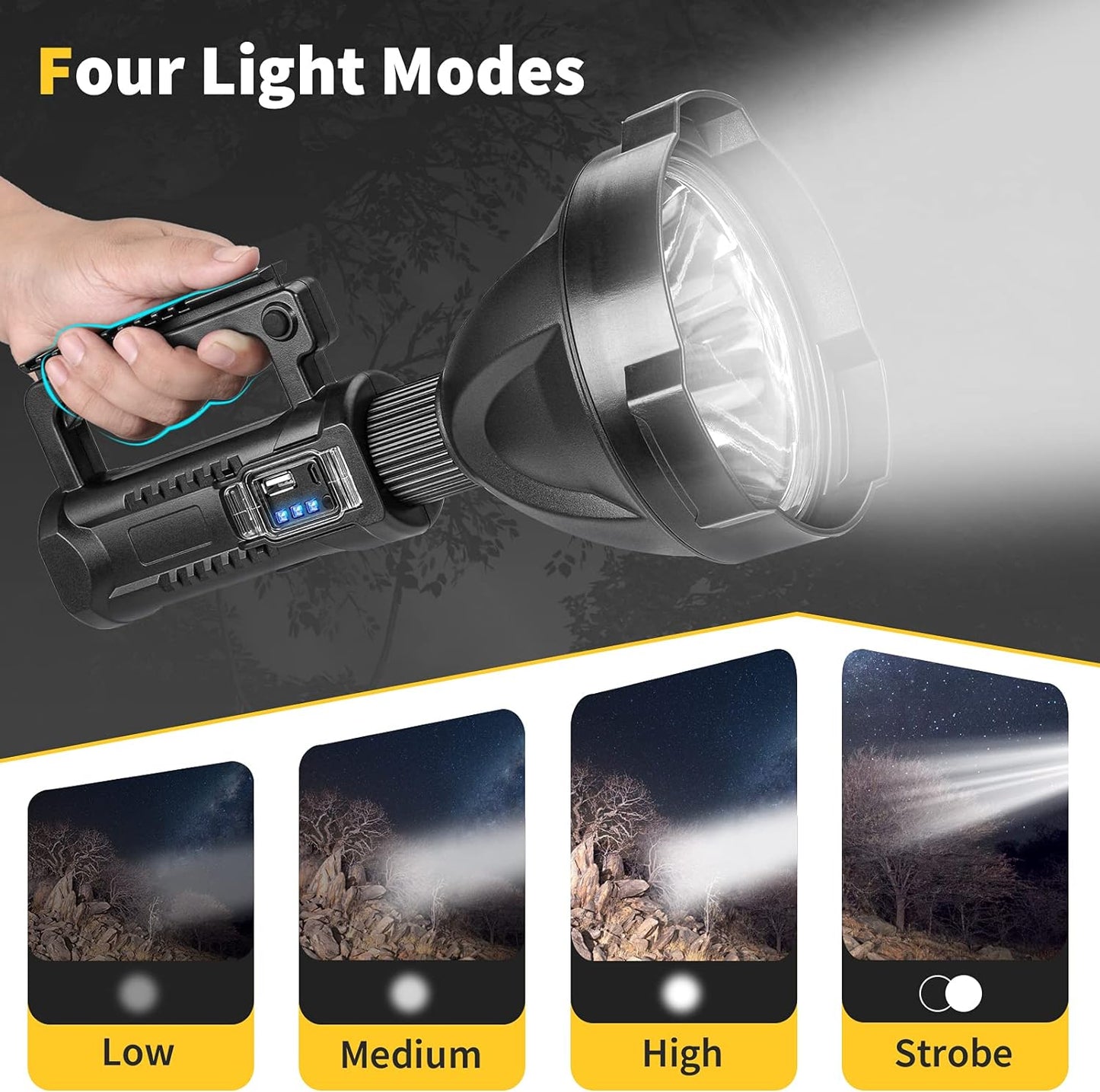 "Ultimate Super Bright Rechargeable LED Spotlight - 8000 lumens, 4 modes, waterproof design, tripod adapter, and USB cable included."
