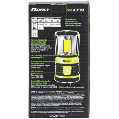 Image of the Dorcy 1800 Lumens Portable Camping Lantern featuring high brightness, multiple light modes, and a USB charging port, ideal for outdoor adventures and emergency preparedness, displayed on a clean white background.
