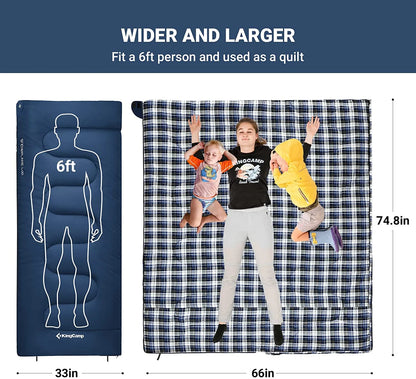 XL Flannel Sleeping Bag - Lightweight, Waterproof, 4-Season Comfort for Cold Weather Camping & Backpacking - Zip Together Design - Ideal for Big & Tall Adults - Navy