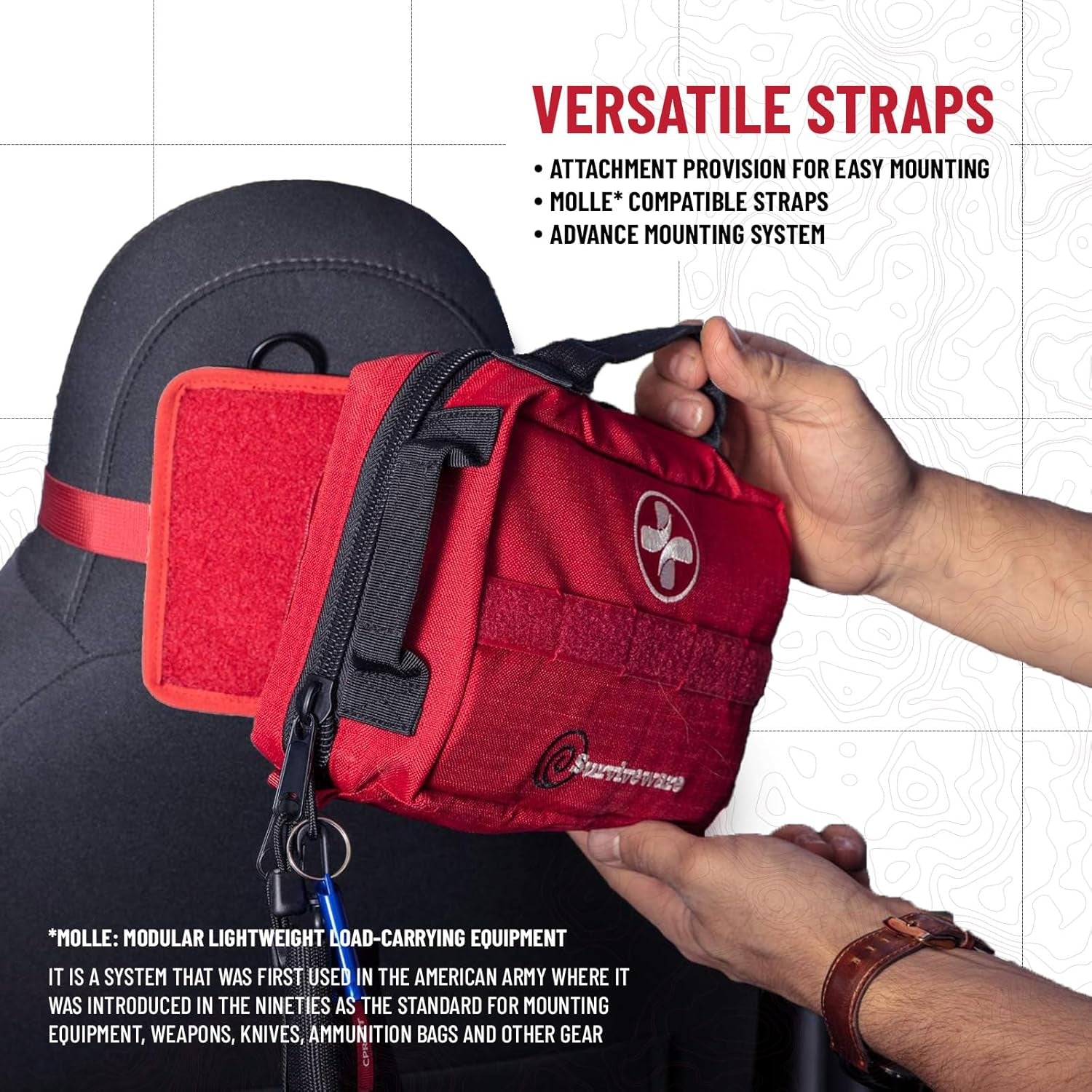 "Survivor's Choice Premium First Aid Kit - military-grade medical supplies in a water-resistant 600D case for emergencies and travel."
