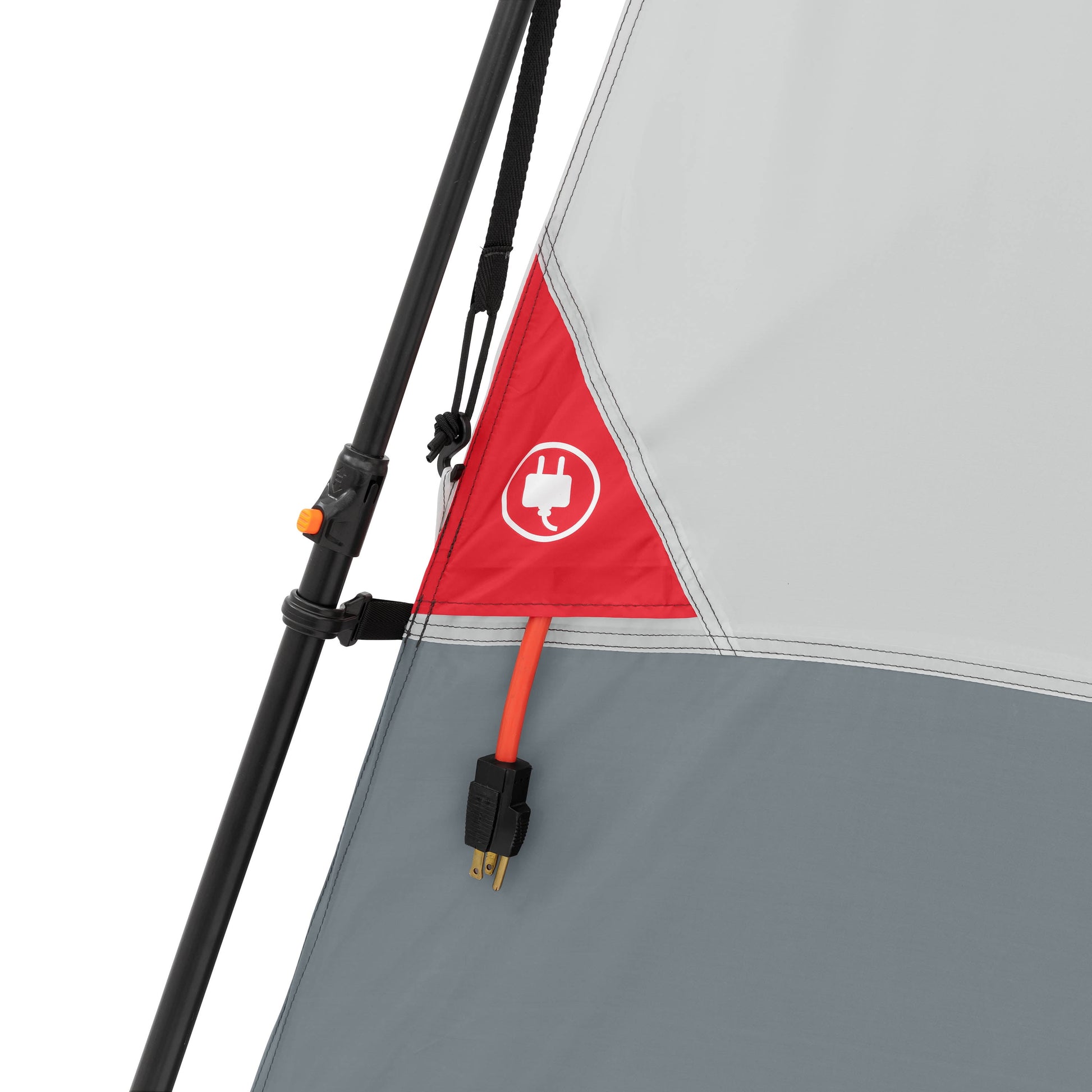 "8-Person Instant Cabin Tent set up in a campsite, showcasing its spacious interior, LED lighted poles, and durable design."
