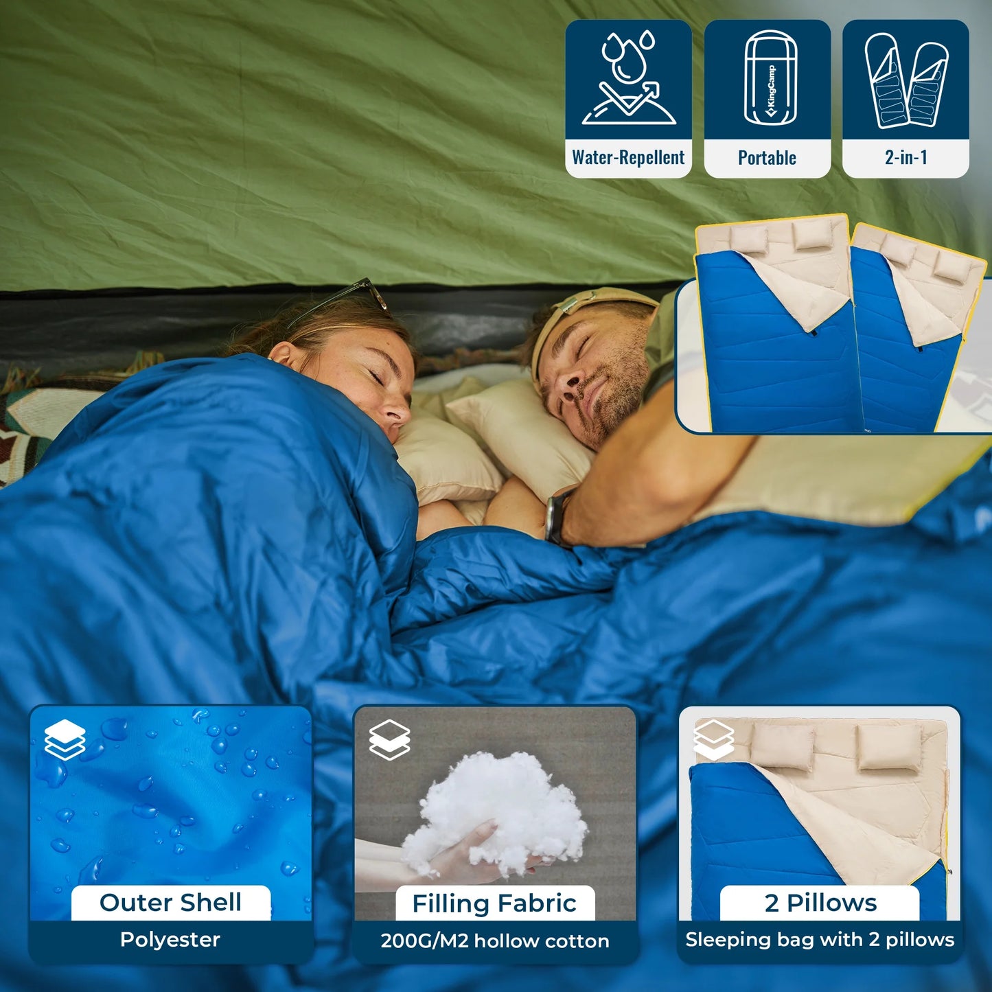 Image of a double sleeping bag with pillows in a lightweight design, featuring a 190T water-resistant shell, convertible into two singles, displayed on a clean white background.
