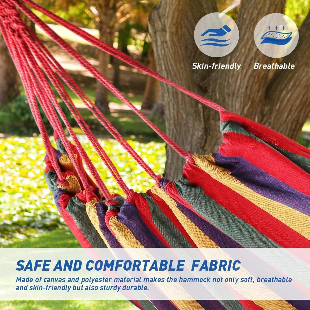 Hammock 2-Person Canvas Cotton Portable Camping Hammock, Support 440Lbs, Rainbow