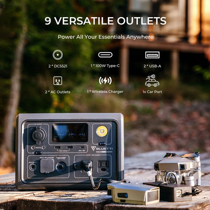 BLUETTI EB3A 600W portable solar generator with 268Wh capacity for camping, home, and emergency power needs.  
