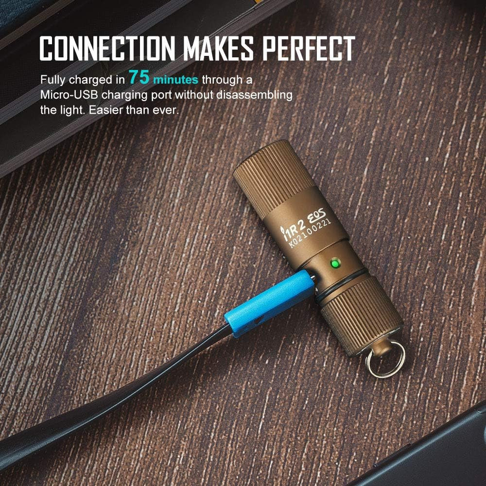 Compact OLIGHT I1R 2 EOS 150 Lumens Rechargeable Keychain Flashlight - Perfect for Camping, Hiking, Dog Walking & More (Desert Tan)