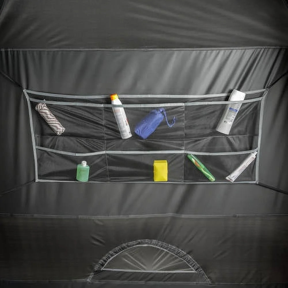 "6-Person Cabin Tent with Skylight set up at a campsite, showcasing its spacious interior and sun-blocking technology."
