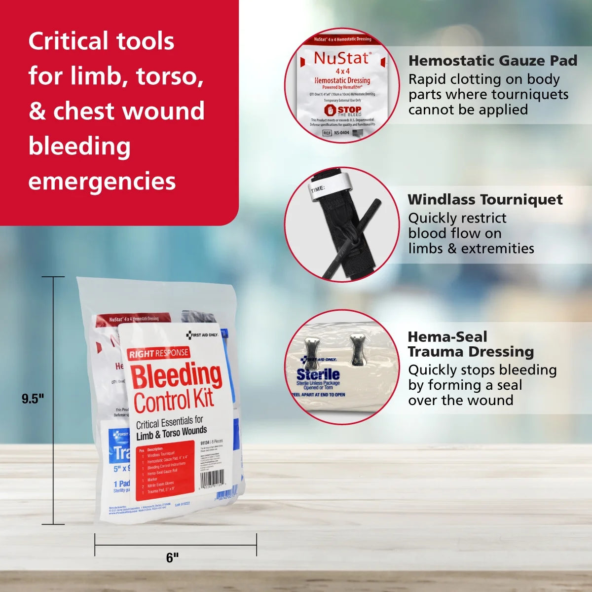 1. Bleeding Control Kit with Emergency Tourniquet and Hemostatic Gauze for Trauma Response  
2. Compact Critical Trauma First Aid Kit for Rapid Bleeding Control in Emergencies  
3. Portable Emergency Medical Kit with Quick-Response Guide for Severe Injuries  
