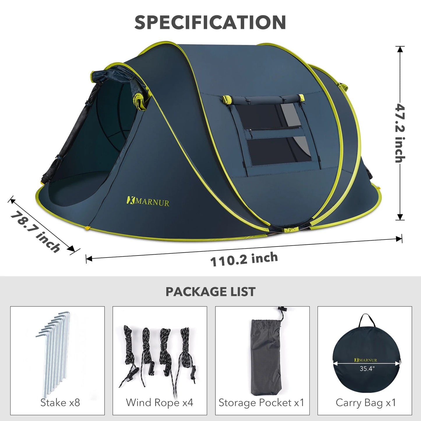 "4-Person Waterproof Pop-Up Instant Tent - spacious doors and windows, dark blue, perfect for camping."
