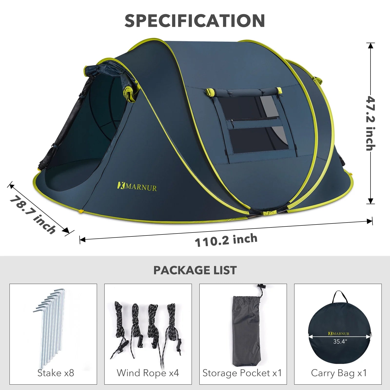 "4-Person Waterproof Pop-Up Instant Tent - spacious doors and windows, dark blue, perfect for camping."

