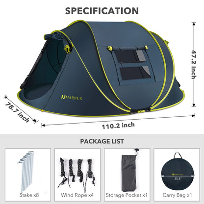 "4-Person Waterproof Pop-Up Instant Tent - spacious doors and windows, dark blue, perfect for camping."
