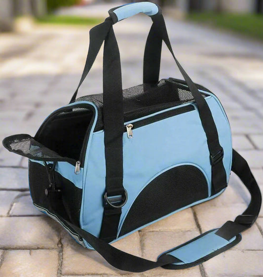 Blue airline-approved soft-sided pet carrier with a breathable design, removable mat, and multifunctional storage pockets for small pets.