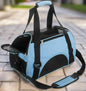 Blue airline-approved soft-sided pet carrier with a breathable design, removable mat, and multifunctional storage pockets for small pets.