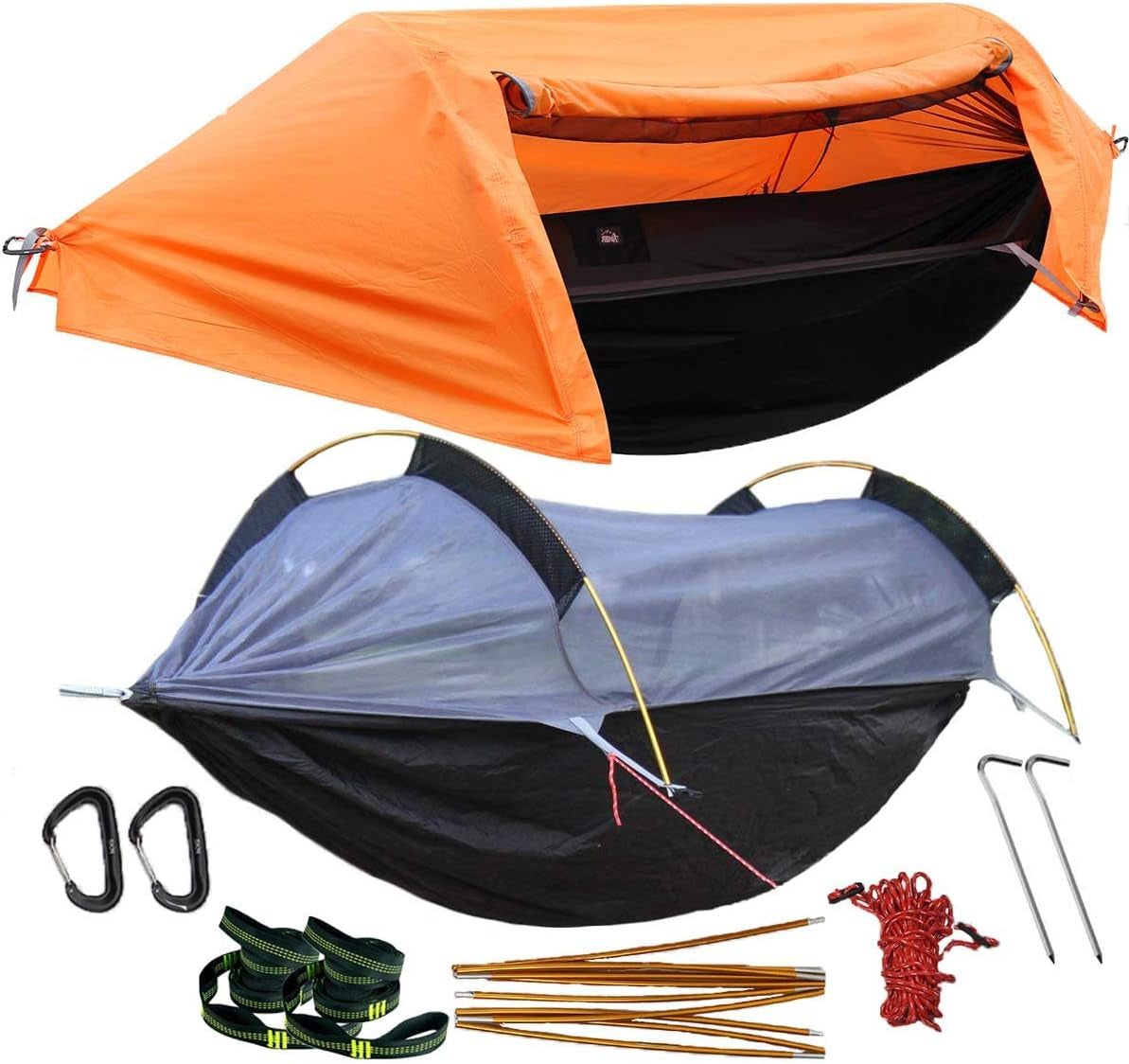 Image of the Camping Hammock with Mosquito Net & Rain Fly, featuring a durable design, heavy-duty capacity, and integrated protection, ideal for camping, hiking, and outdoor adventures, displayed on a clean white background.
