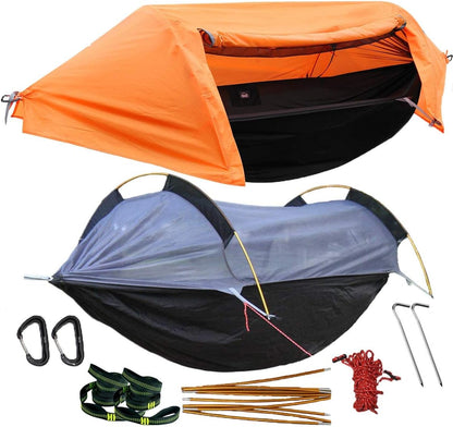 Image of the Camping Hammock with Mosquito Net & Rain Fly, featuring a durable design, heavy-duty capacity, and integrated protection, ideal for camping, hiking, and outdoor adventures, displayed on a clean white background.
