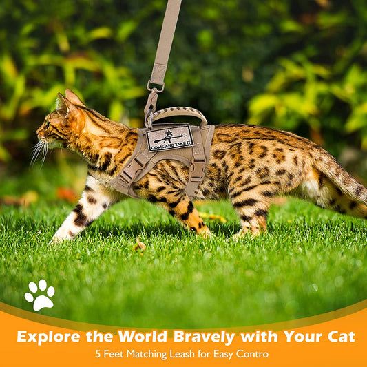 Escape-Proof Tactical Cat Harness & Leash Set - Adjustable, Comfortable, Khaki with Molle Patches & Control Handle