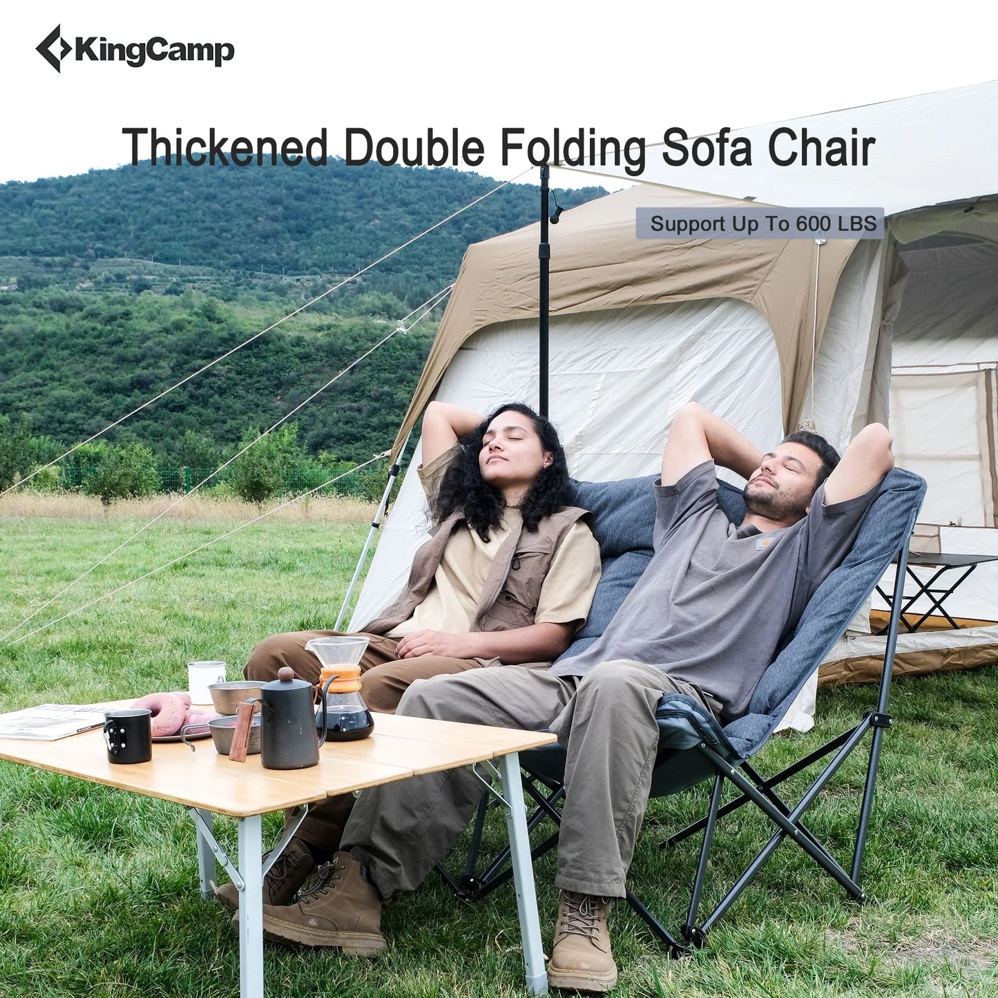 Double Camping Chairs Clearance for Adults, Oversized Padded Loveseat Sofa Chairs, Folding Lawn Chair Support 600Lbs, Grey