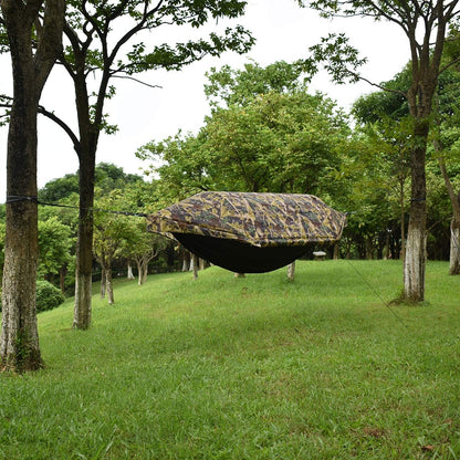 Image of the Camping Hammock with Mosquito Net & Rain Fly, featuring a durable design, heavy-duty capacity, and integrated protection, ideal for camping, hiking, and outdoor adventures, displayed on a clean white background.
