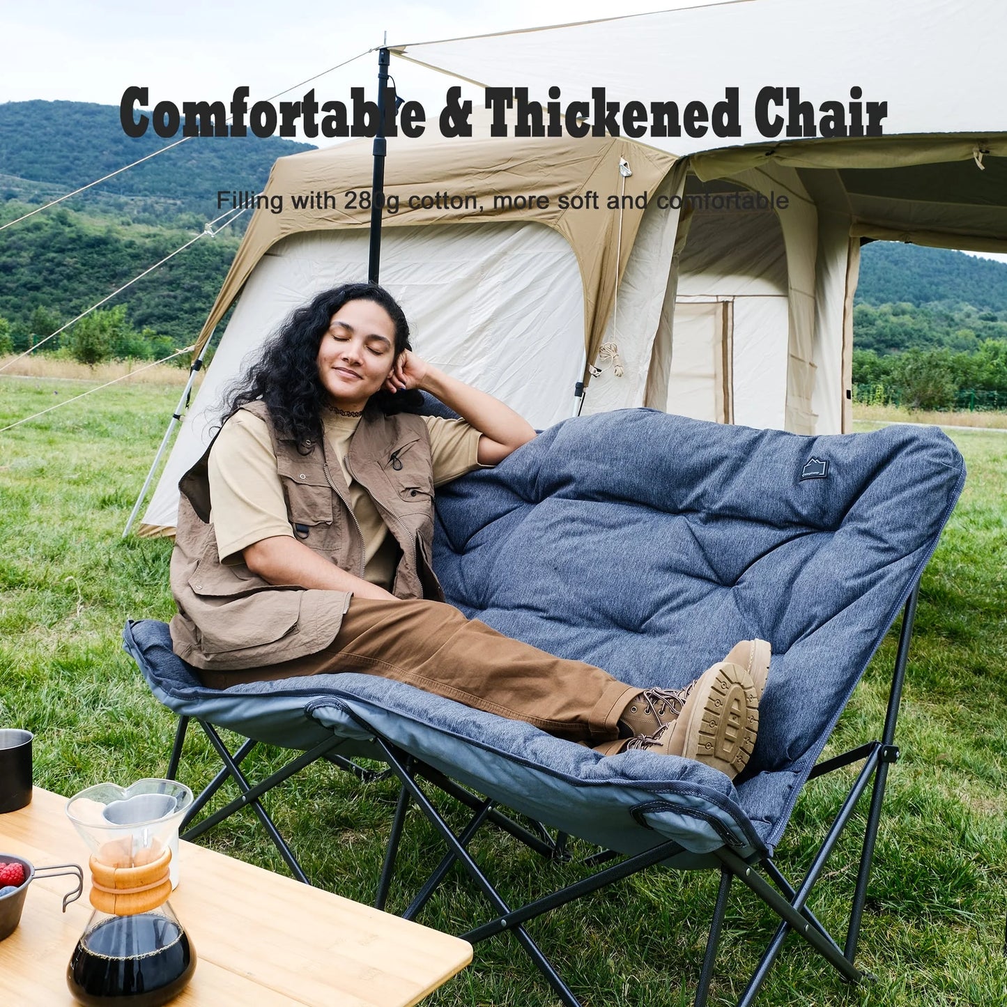 Double Camping Chairs Clearance for Adults, Oversized Padded Loveseat Sofa Chairs, Folding Lawn Chair Support 600Lbs, Grey