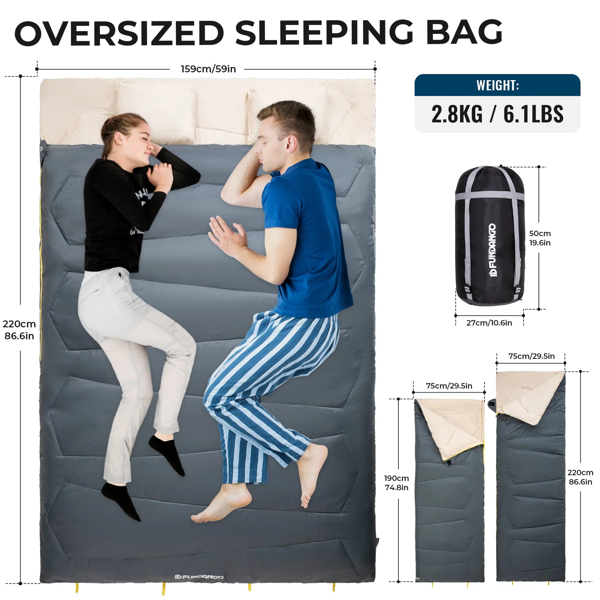 Image of a grey convertible sleeping bag with two pillows, featuring a 190T water-resistant shell, spacious queen-sized design, and compact storage capability, displayed on a clean white background.
