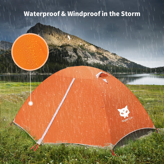 "Lightweight Backpacking Tent for 2 set up in a scenic outdoor location, showcasing its durable design and compact size."
