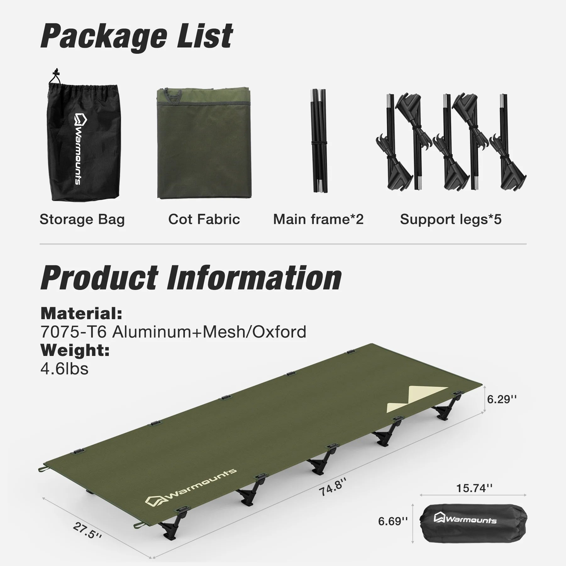 Compact Camping Cots 5 Stabilizers 330 Lbs, 60-Sec Set 28" Wide  Cot W/ Carry Bag for Hiking Climbing Backpacking