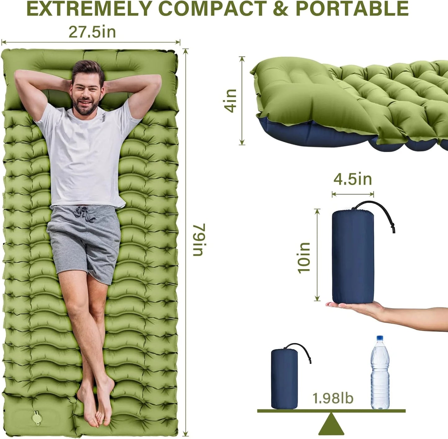 Image of a camping pad with a built-in pillow, featuring an extra-wide ripple air cell design, ultralight construction, and durable materials, ideal for backpacking and emergency preparedness, displayed on a clean white background.
