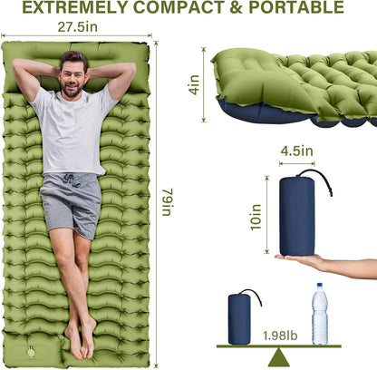 Image of a camping pad with a built-in pillow, featuring an extra-wide ripple air cell design, ultralight construction, and durable materials, ideal for backpacking and emergency preparedness, displayed on a clean white background.
