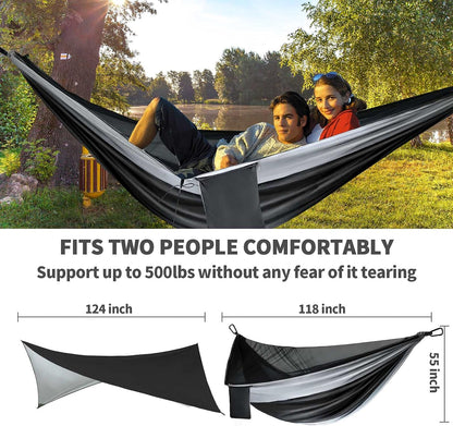 Ultimate Camping Hammock with Mosquito Net & Rain Fly – Portable Single/Double Nylon Parachute Hammock for Adventure & Relaxation, Complete with Heavy-Duty Tree Straps