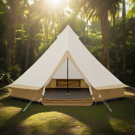 "8-Person Instant Cabin Tent set up in a campsite, showcasing its spacious interior, LED lighted poles, and durable design."
