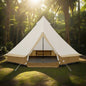 "8-Person Instant Cabin Tent set up in a campsite, showcasing its spacious interior, LED lighted poles, and durable design."

