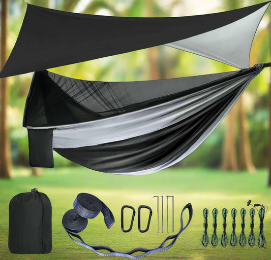 Ultimate Camping Hammock with Mosquito Net & Rain Fly – Portable Single/Double Nylon Parachute Hammock for Adventure & Relaxation, Complete with Heavy-Duty Tree Straps