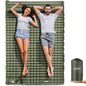 Image of a double camping pad with a 79"x55" size, featuring a built-in foot pump, waterproof 40D nylon material, and ripple air cell design, ideal for camping and emergency preparedness, displayed on a clean white background.
