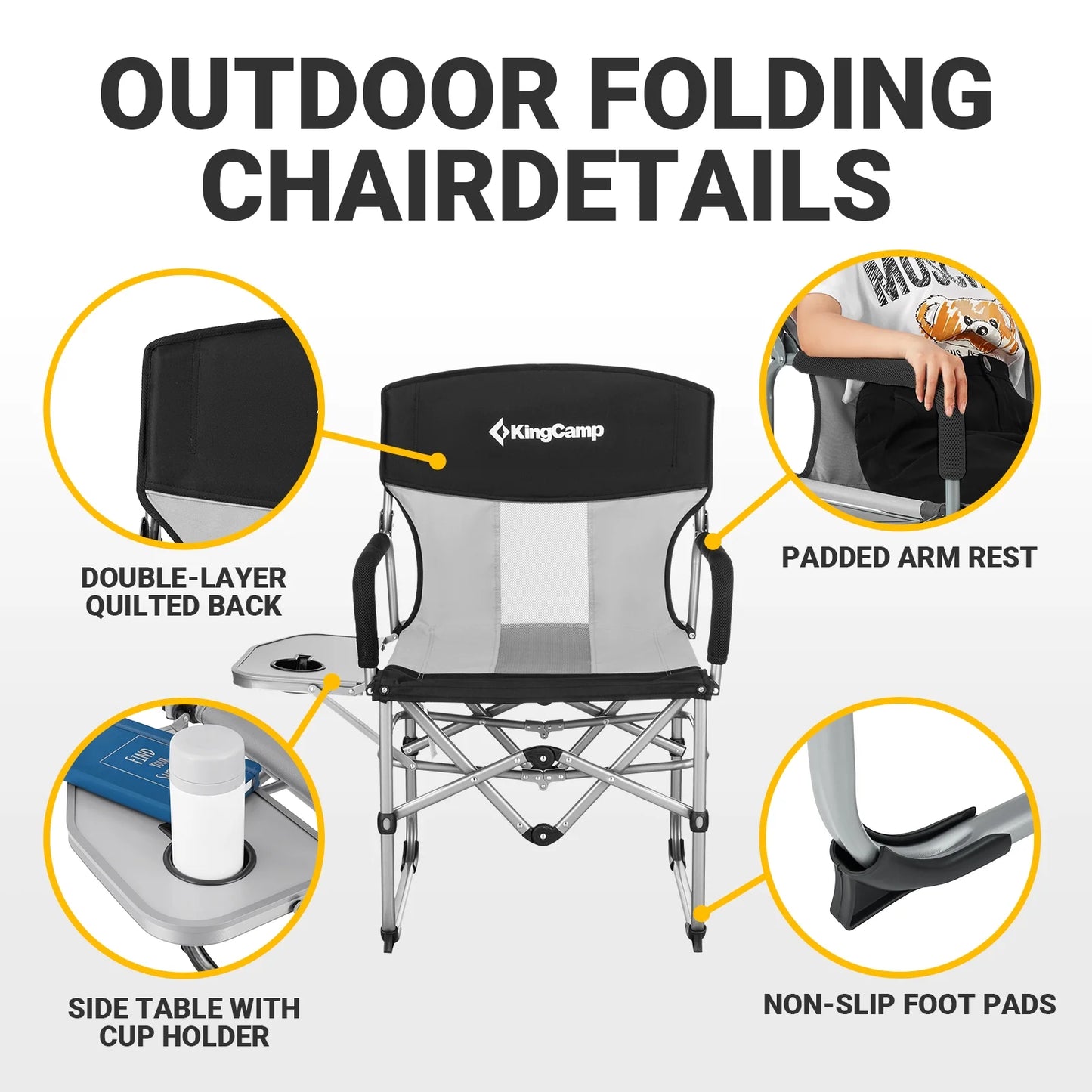 Folding Camping Chairs Heavy Duty Directors Chair with Side Table Black