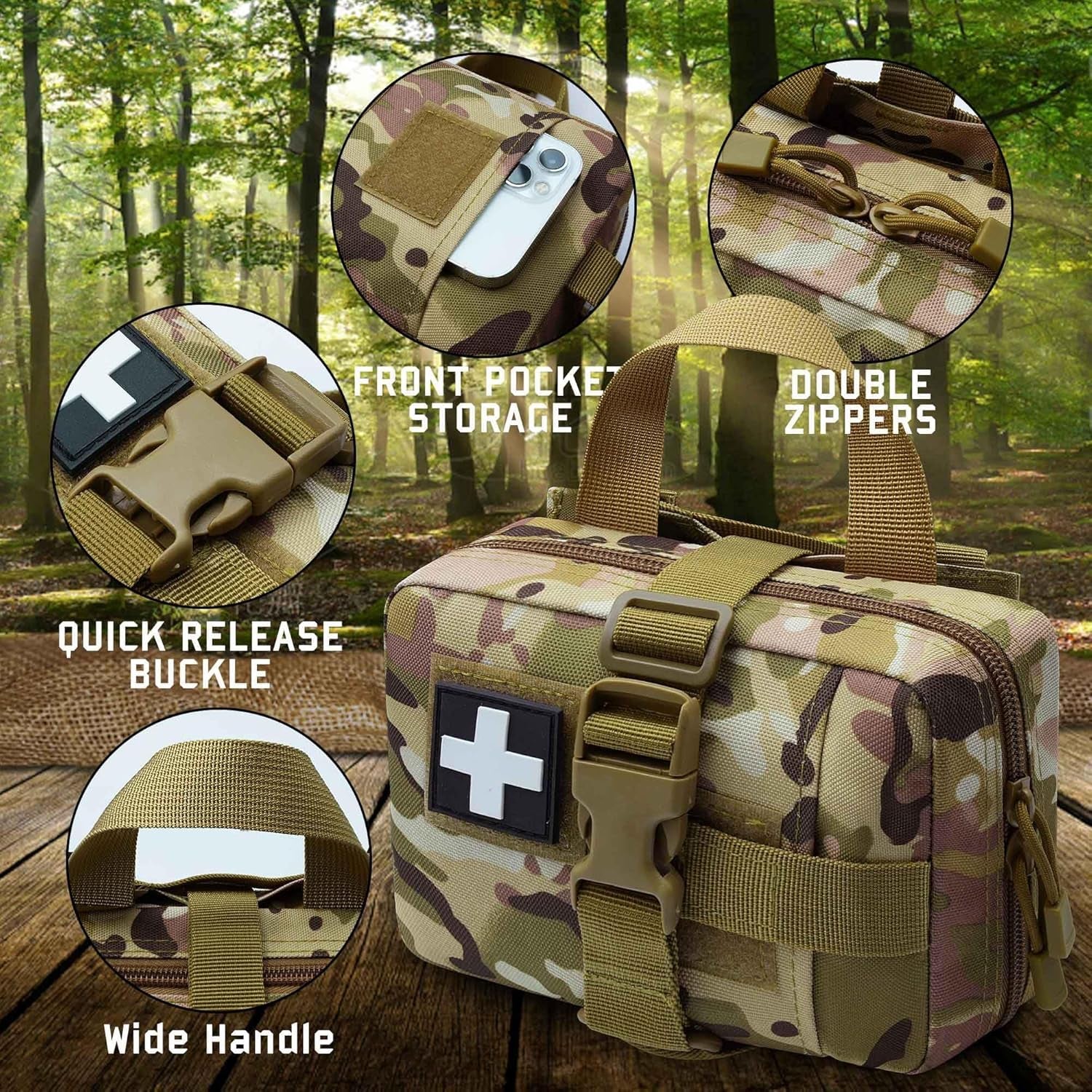 Front view of Fred’s Tactical Rip-Away IFAK Pouch in red – compact and durable first aid bag for emergencies.