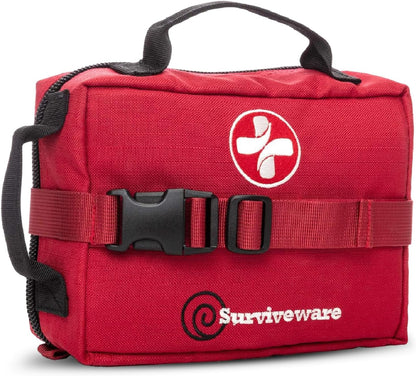 "Survivor's Choice Premium First Aid Kit - military-grade medical supplies in a water-resistant 600D case for emergencies and travel."
