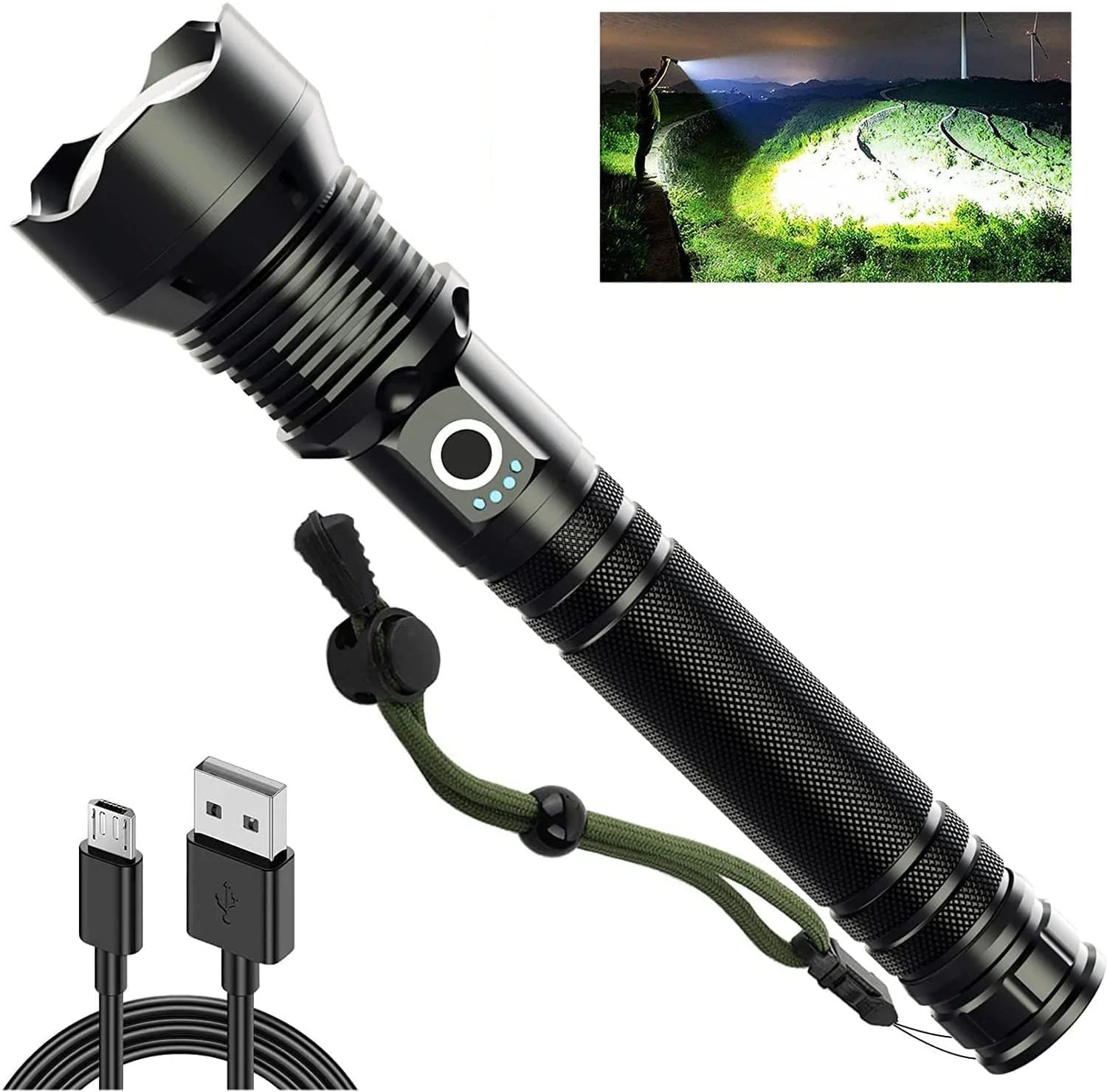 "90,000 Lumens Super Bright Rechargeable Waterproof Flashlight with 5 modes for outdoor adventures and emergencies."
