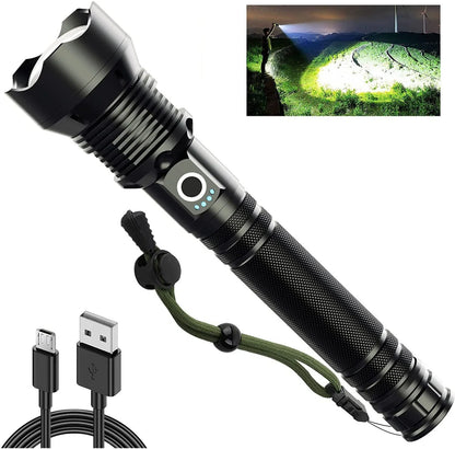 "90,000 Lumens Super Bright Rechargeable Waterproof Flashlight with 5 modes for outdoor adventures and emergencies."
