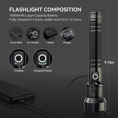 "90,000 Lumens Super Bright Rechargeable Waterproof Flashlight with 5 modes for outdoor adventures and emergencies."
