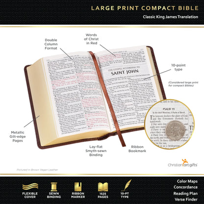 Compact Large Print KJV Holy Bible - Dark Brown Faux Leather, Red Letter Edition with Ribbon Marker