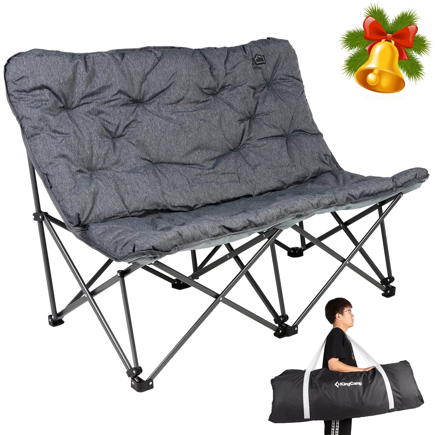 Double Camping Chairs Clearance for Adults, Oversized Padded Loveseat Sofa Chairs, Folding Lawn Chair Support 600Lbs, Grey