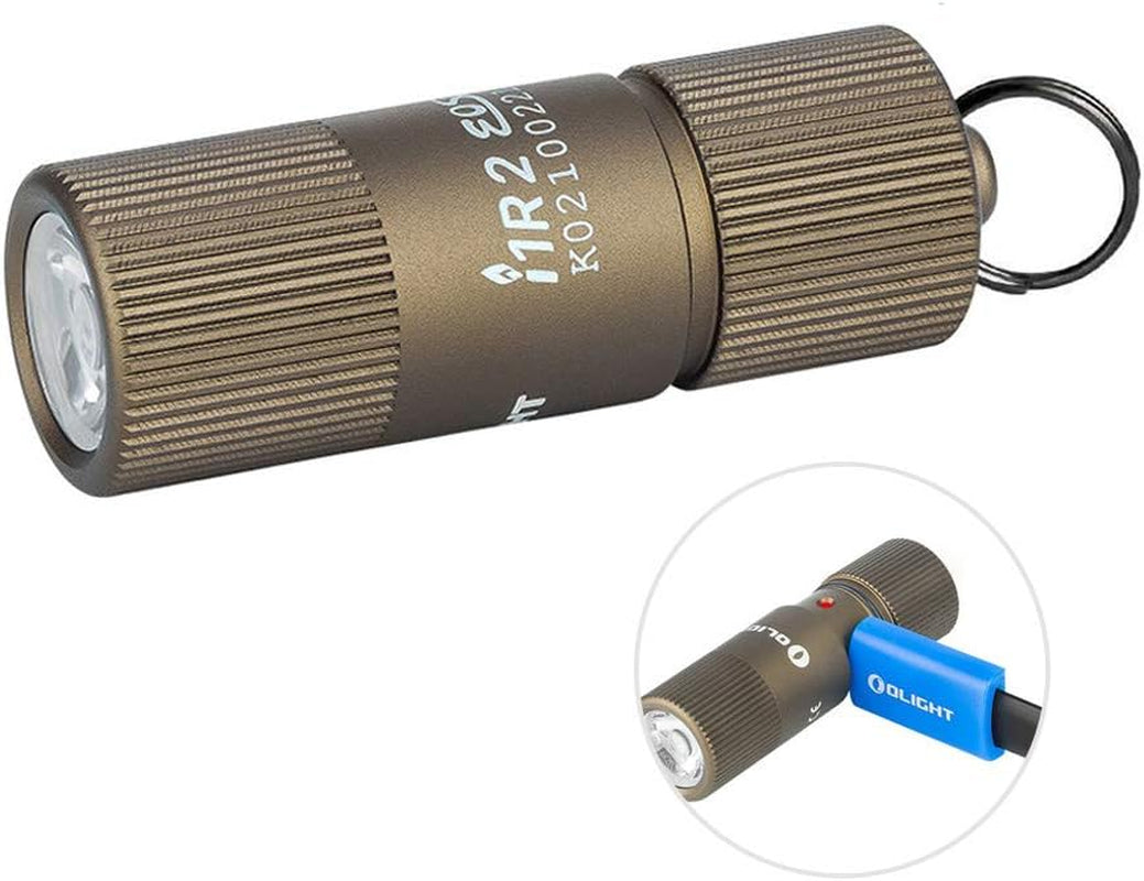 Compact OLIGHT I1R 2 EOS 150 Lumens Rechargeable Keychain Flashlight - Perfect for Camping, Hiking, Dog Walking & More (Desert Tan)