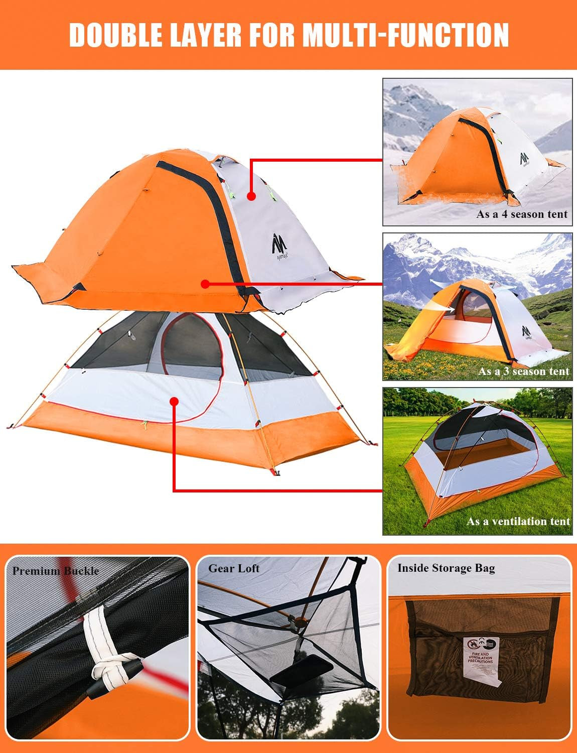 4 Season Backpacking Tent 2 Person Camping Tent Ultralight Waterproof All Weather Double Layer Two Doors Easy Setup 1 2 People Man Tents for Backpacker Outdoor Hiking Survival