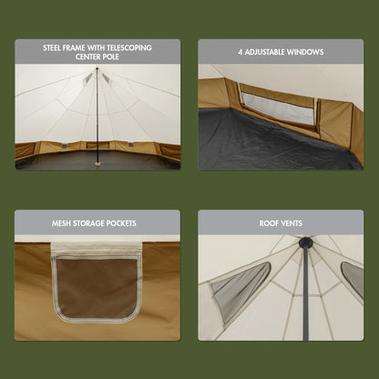 "8-Person Instant Cabin Tent set up in a campsite, showcasing its spacious interior, LED lighted poles, and durable design."

