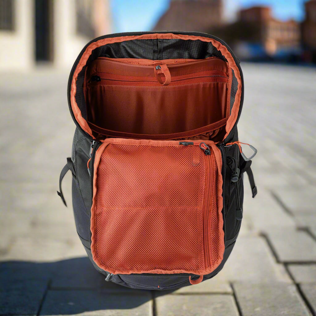 AMPEX Cahill 25L Lightweight Hiking Backpack in black, featuring a compact 25L capacity, hydration bladder compatibility, and adjustable straps for comfort. Includes a ventilated mesh back panel, perfect for hiking, nature walks, and outdoor adventures.