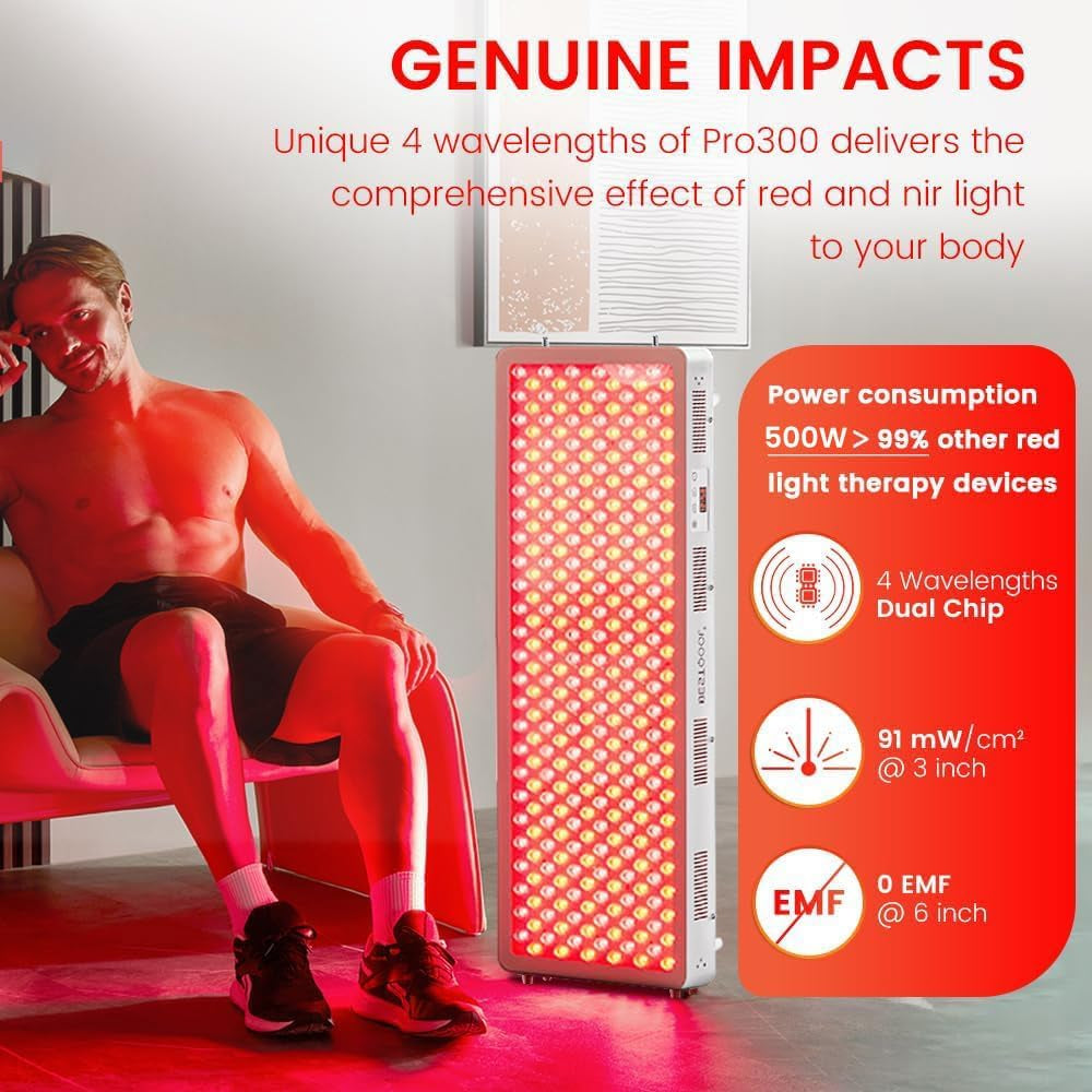 Red Light Therapy Device, 4 Wavelengths Full Body near Infrared Light Therapy, Elite Grade Dual Chip 300 Leds, High Power Panel for Pain Relief, Muscle, Skin, Energy. 500W. Modular Design.