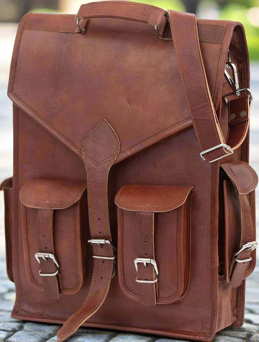 Shy Shy Premium 18-Inch Brown Leather Laptop Backpack - Stylish 2-in-1 Handmade Sling Rucksack for Men & Women