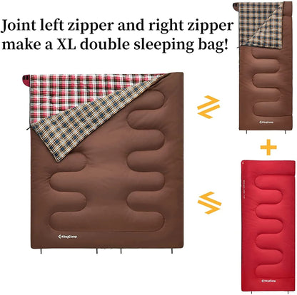 Image of a 4-season flannel sleeping bag in a coffee color, featuring a water-resistant outer shell, flannel interior, and spacious dimensions of 74.8" x 33", displayed on a clean white background.
