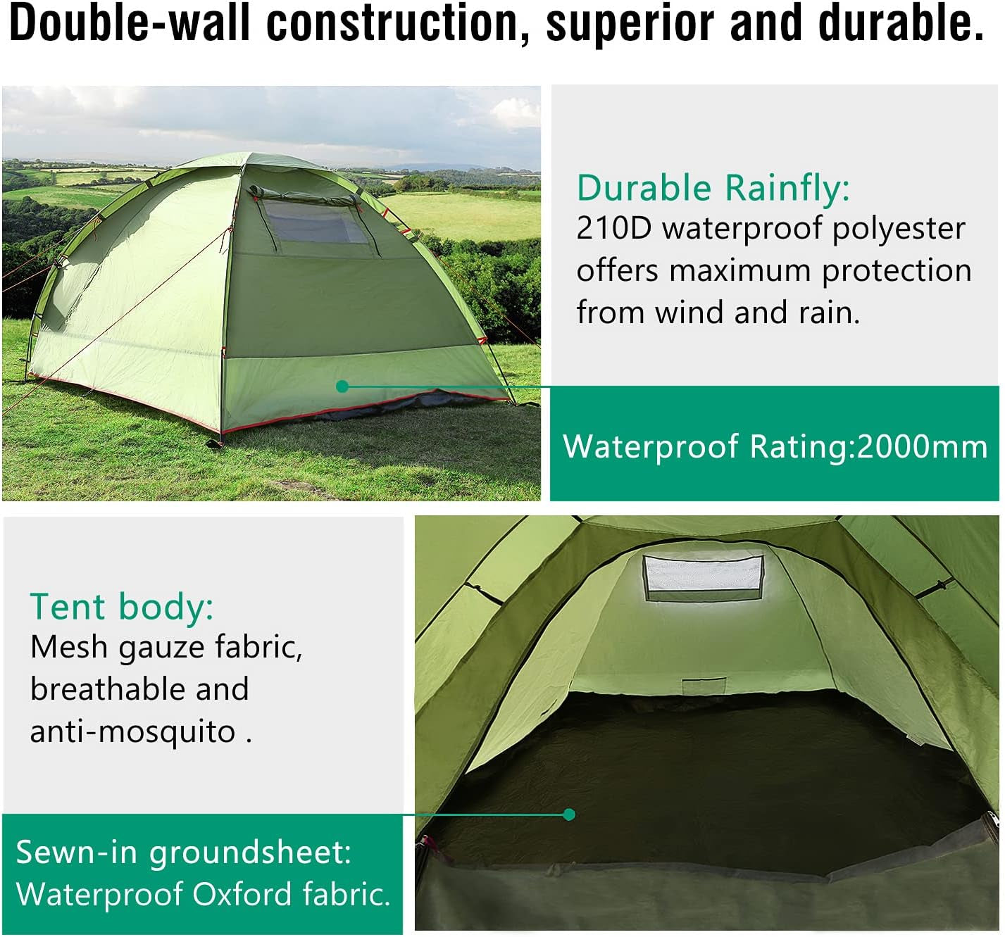 Emergency Survival Tent, Waterproof Family Camping Dome Tent 3 Person, Portable Outdoor Instant Cabin Tent, 4-Season Double Layer Sun Shelter Shade for Hiking, Backpacking, Mountaineering